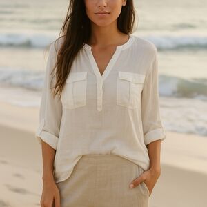 Express M Sheer Blouse Vneck See Through Shirt Off White Roll Tab Tunic Beachy